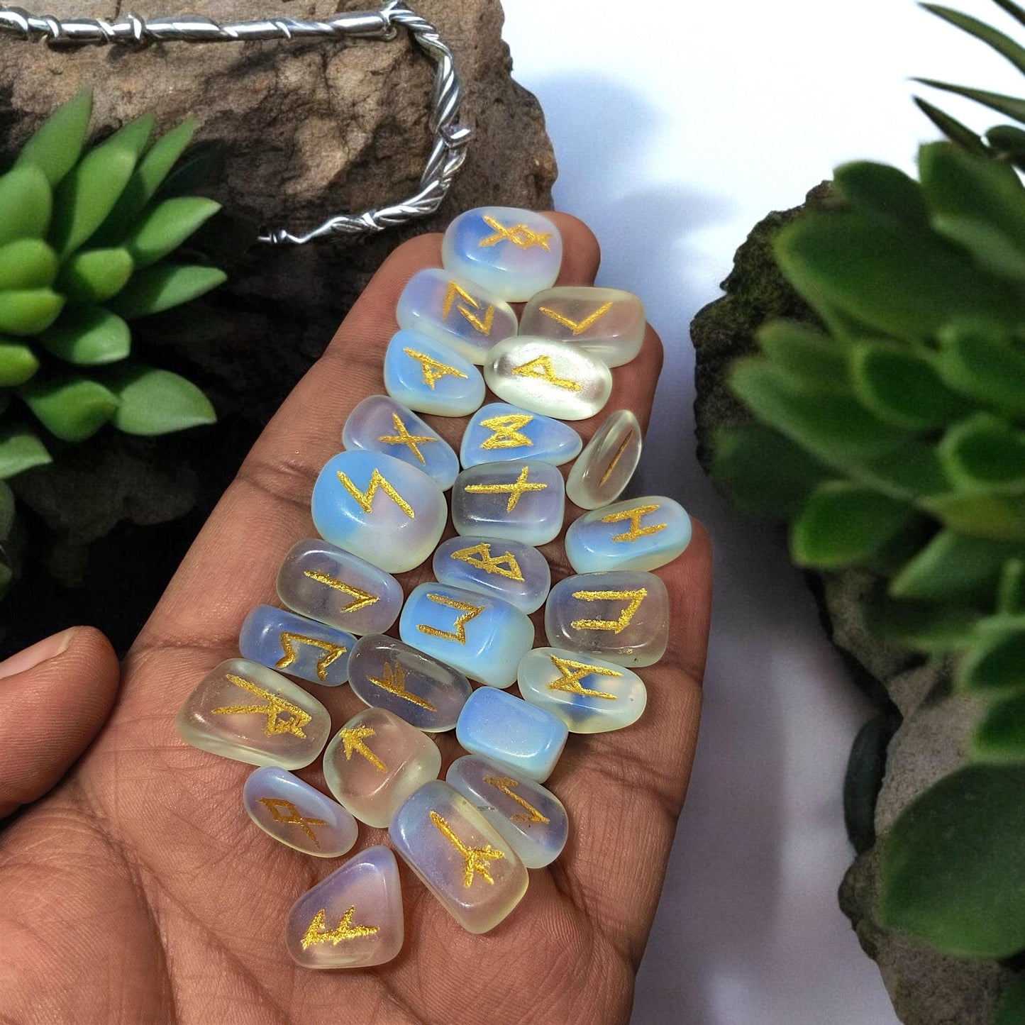 Opalite Rune Stones Set | 25 Elder Futhark Runes | Iridescent Crystal Divination Tools | Spiritual Gift with Velvet Pouch