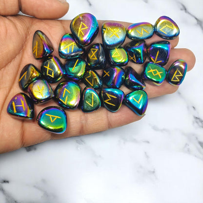 Rainbow Aura Quartz Rune Stones Set | 25 Elder Futhark Runes for Divination and Witchcraft | Iridescent Crystal Runes for Ritual and Gift