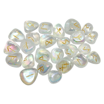 Aura Quartz Rune Stones Set | 25 Elder Futhark Runes for Divination and Witchcraft | Iridescent Crystal Set for Spiritual or Gift Use, Runic
