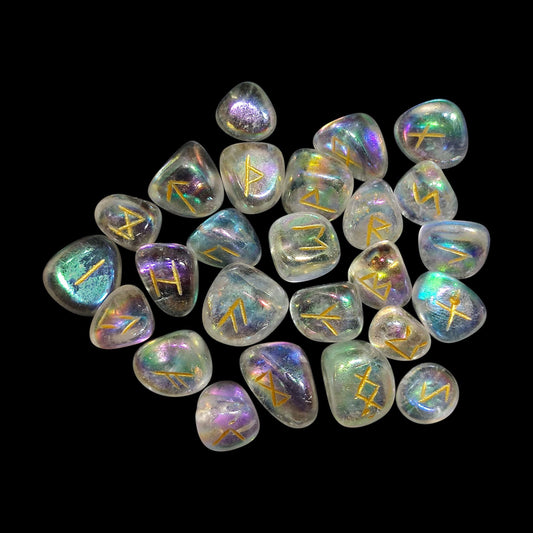 Aura Quartz Rune Stones Set | 25 Elder Futhark Runes for Divination and Witchcraft | Iridescent Crystal Set for Spiritual or Gift Use, Runic
