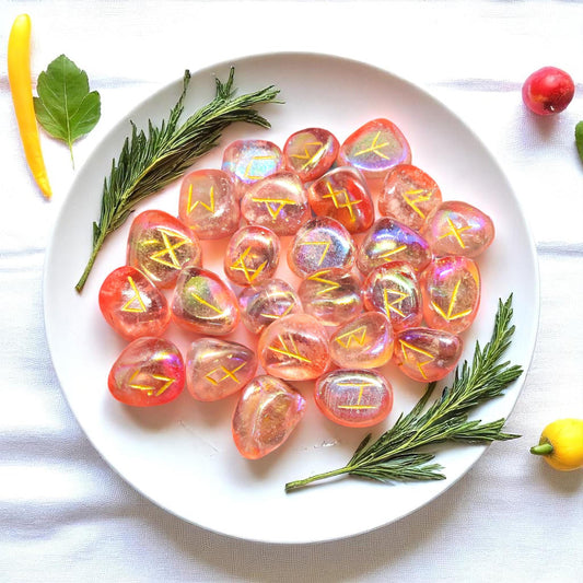 Tangerine Aura Quartz Rune Set | 25 Elder Futhark Crystal Runes for Divination, Witchcraft, and Chakra Healing | Orange Pink Runes Gift,