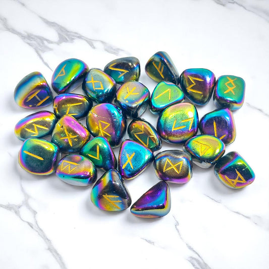 Rainbow Aura Quartz Rune Stones Set | 25 Elder Futhark Runes for Divination and Witchcraft | Iridescent Crystal Runes for Ritual and Gift