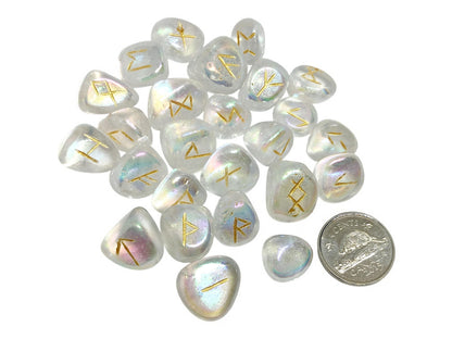 Aura Quartz Rune Stones Set | 25 Elder Futhark Runes for Divination and Witchcraft | Iridescent Crystal Set for Spiritual or Gift Use, Runic
