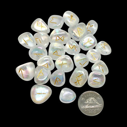Aura Quartz Rune Stones Set | 25 Elder Futhark Runes for Divination and Witchcraft | Iridescent Crystal Set for Spiritual or Gift Use, Runic